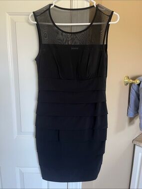 Enfocus Studio Black Tiered Mesh Yoke Midi Dress